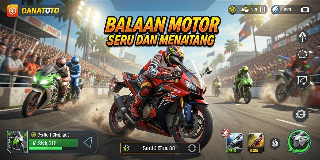 Screenshot gameplay seru dalam DANATOTO menunjukkan kecepatan dan adrenalin balapan motor.