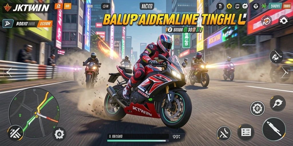 Tampilan gameplay seru di JKTWIN saat balapan motor.