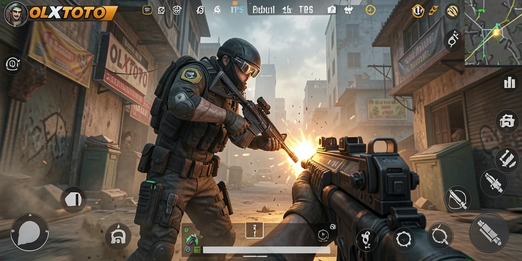 Tampilan gameplay OLXTOTO dengan aksi menegangkan di medan perang.