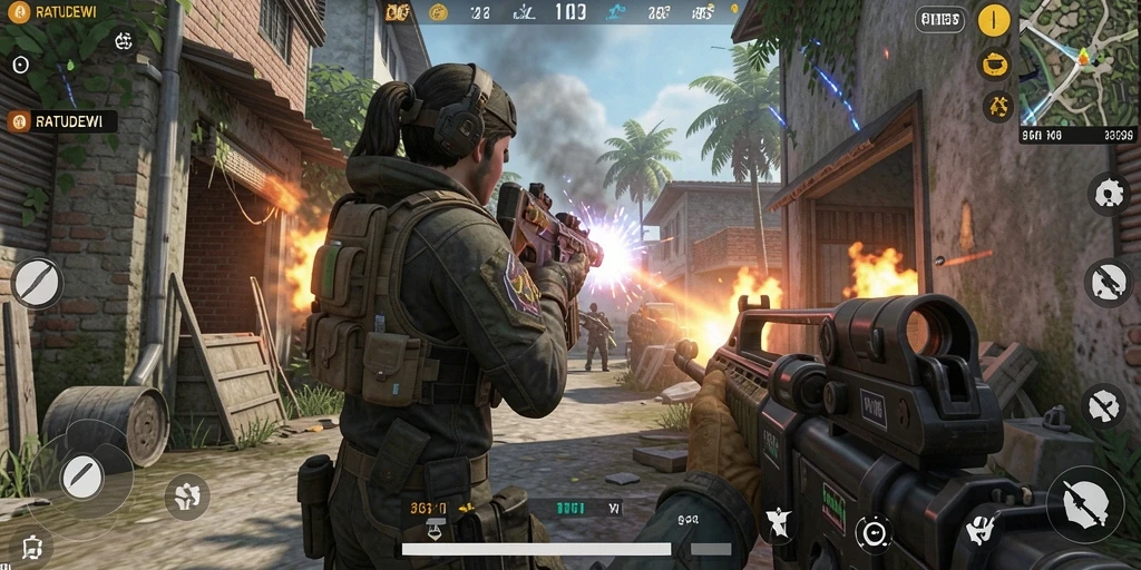 Gameplay menarik dengan aksi tembak-menembak intens di RATUDEWI.