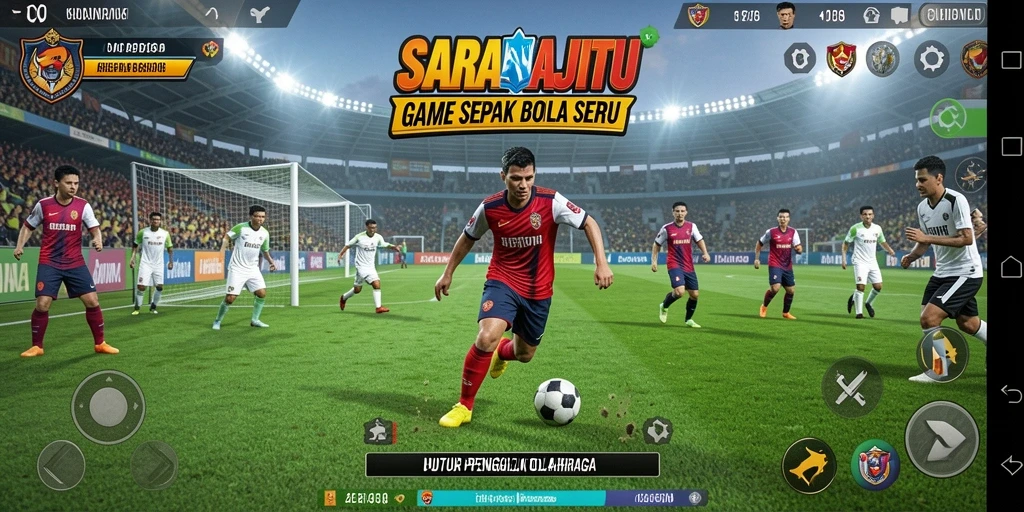 Screenshot utama SARANAJITU menampilkan aksi seru di lapangan sepak bola.